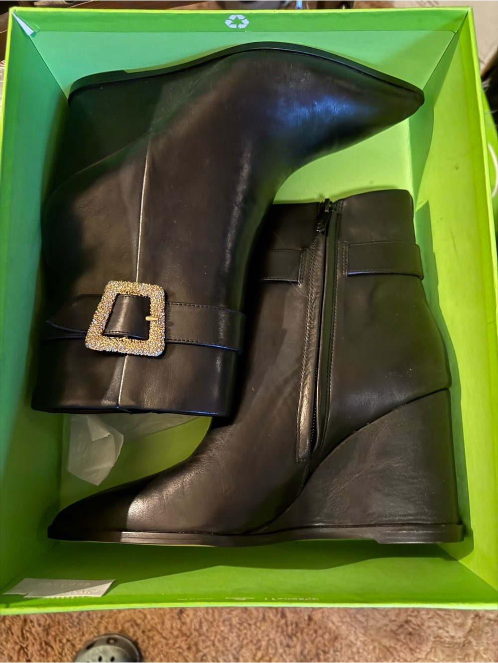 SAM EDELMAN Black Leather Wedge Ankle Boots with Decorative Buckle - Women NWT